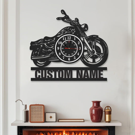 Personalized Large Outdoor Clock, Custom Motorcycle Wall Clock with Name, Modern Metal Wall Art, Battery Operated, Silent Non Ticking Clock for Garage Workshop Farmhouse Man Cave, Gifts for Men