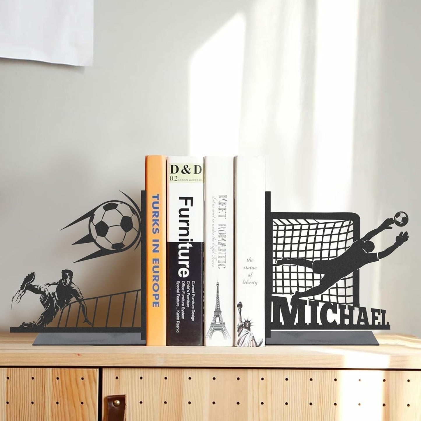 Custom Soccer Sports Metal Bookends, Athletic Style Bookshelf, Football Fan Study & Game Room Decor