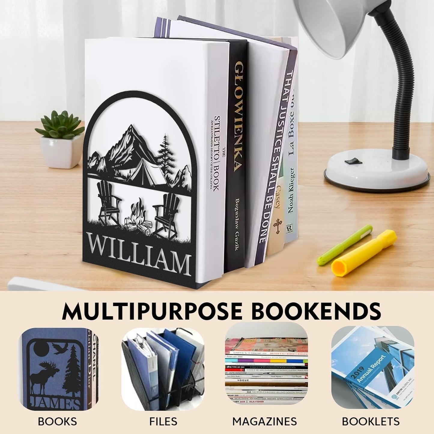 Custom Campfire Camping Metal Bookends, Outdoor Adventure Bookshelf, Gift for Travelers & Campers