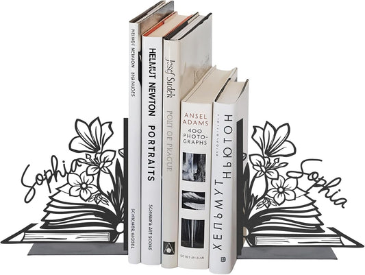 Personalized Floral Engraved Metal Bookends, Beautiful Cottage Style Bookshelf, Cozy Home Decor