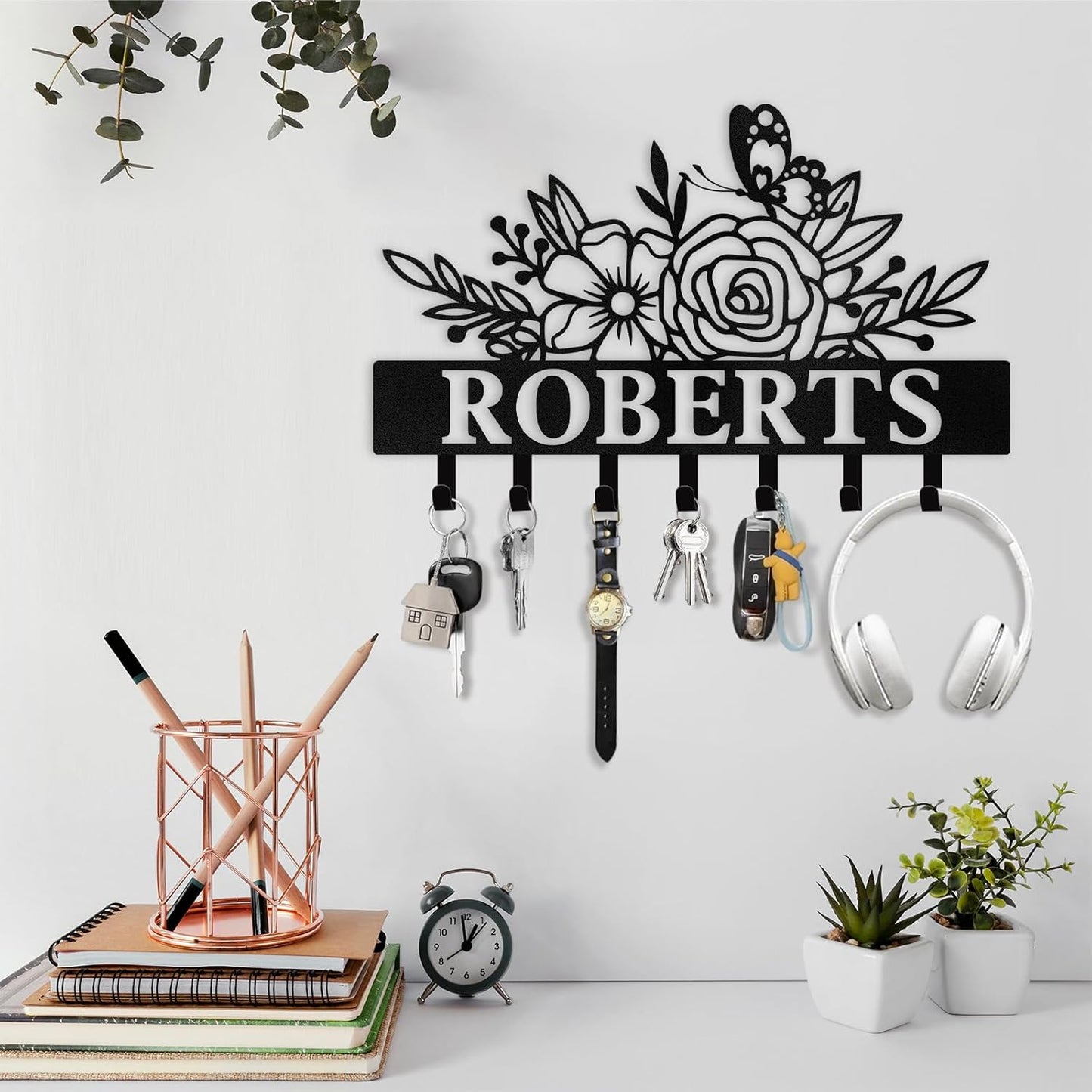 Floral Personalized Key Rack ,  Custom Metal Wall Hook for Living Room