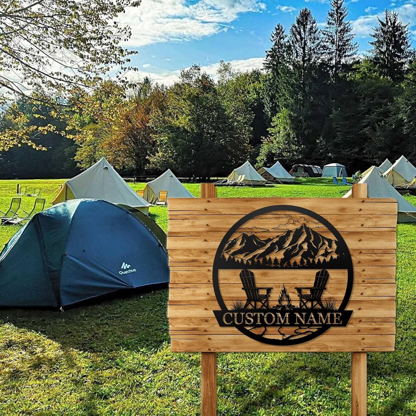 Rustic Campfire Metal Wall Decor - Mountain Scene for Outdoor & Indoor Spaces