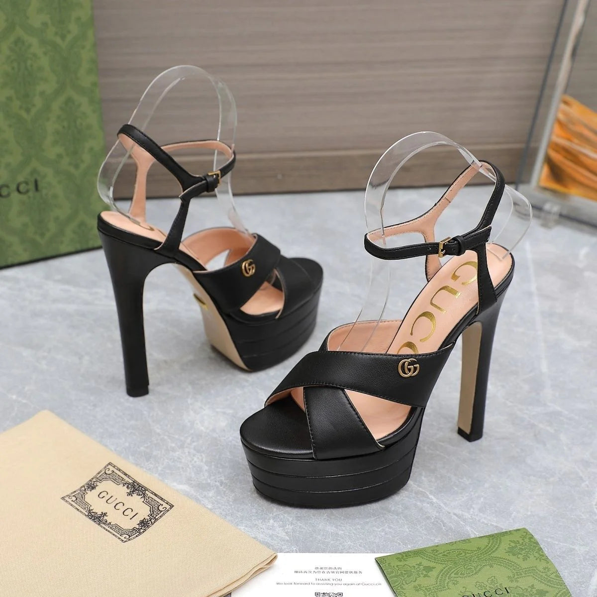 New Black Leather G Logo women's fashion high-heeled