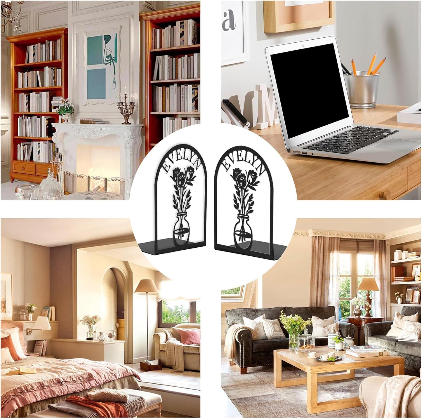 Custom Vase with Flowers Metal Bookends, Elegant Iron Bookshelf, Artistic Home Decor & Storage