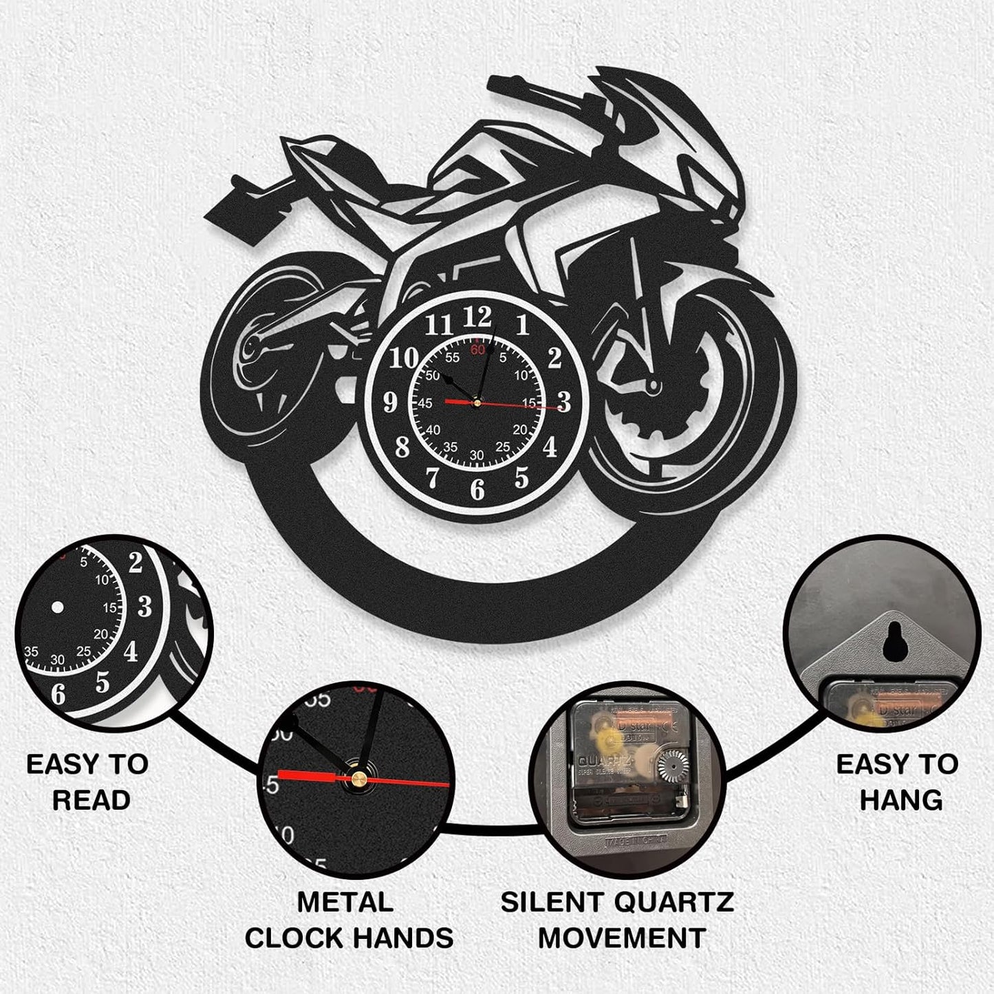Personalized Large Outdoor Clock, Custom Motorcycle Wall Clock with Name, Modern Metal Wall Art, Battery Operated, Silent Non Ticking Clock for Garage Workshop Farmhouse Man Cave, Gifts for Men
