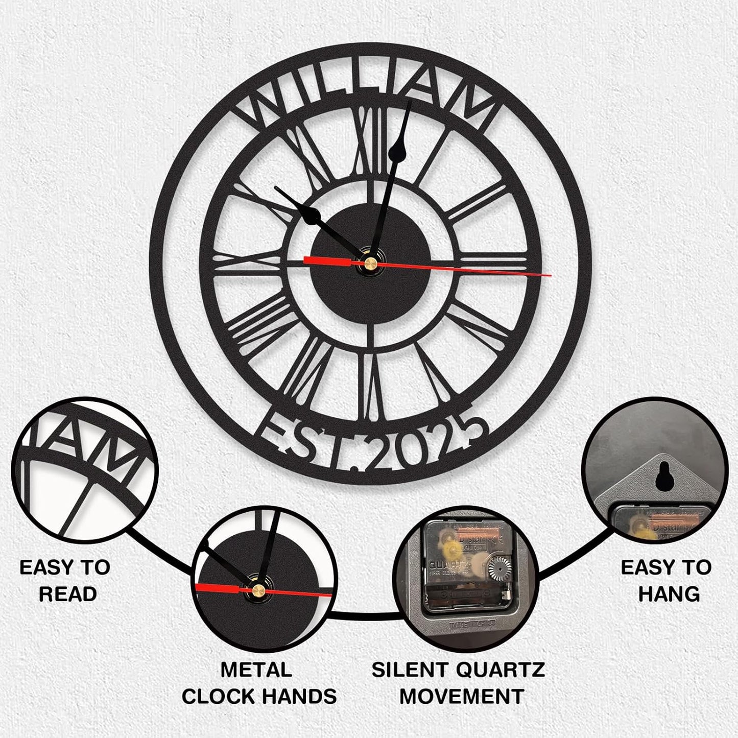 Personalized Large Outdoor Clock, Custom Motorcycle Wall Clock with Name, Modern Metal Wall Art, Battery Operated, Silent Non Ticking Clock for Garage Workshop Farmhouse Man Cave, Gifts for Men