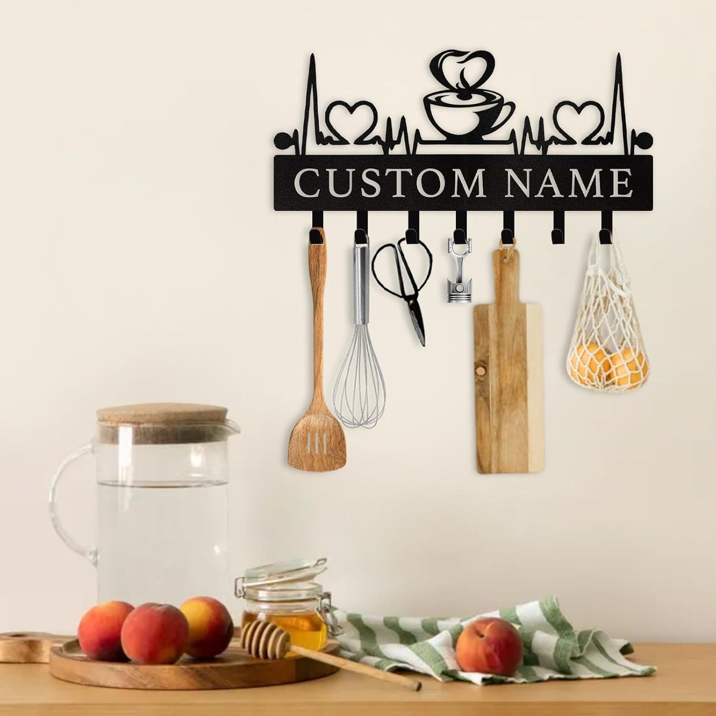 Coffee Lover Key Holder Metal Wall Organizer Custom Name Coffee Bar & Kitchen Decor