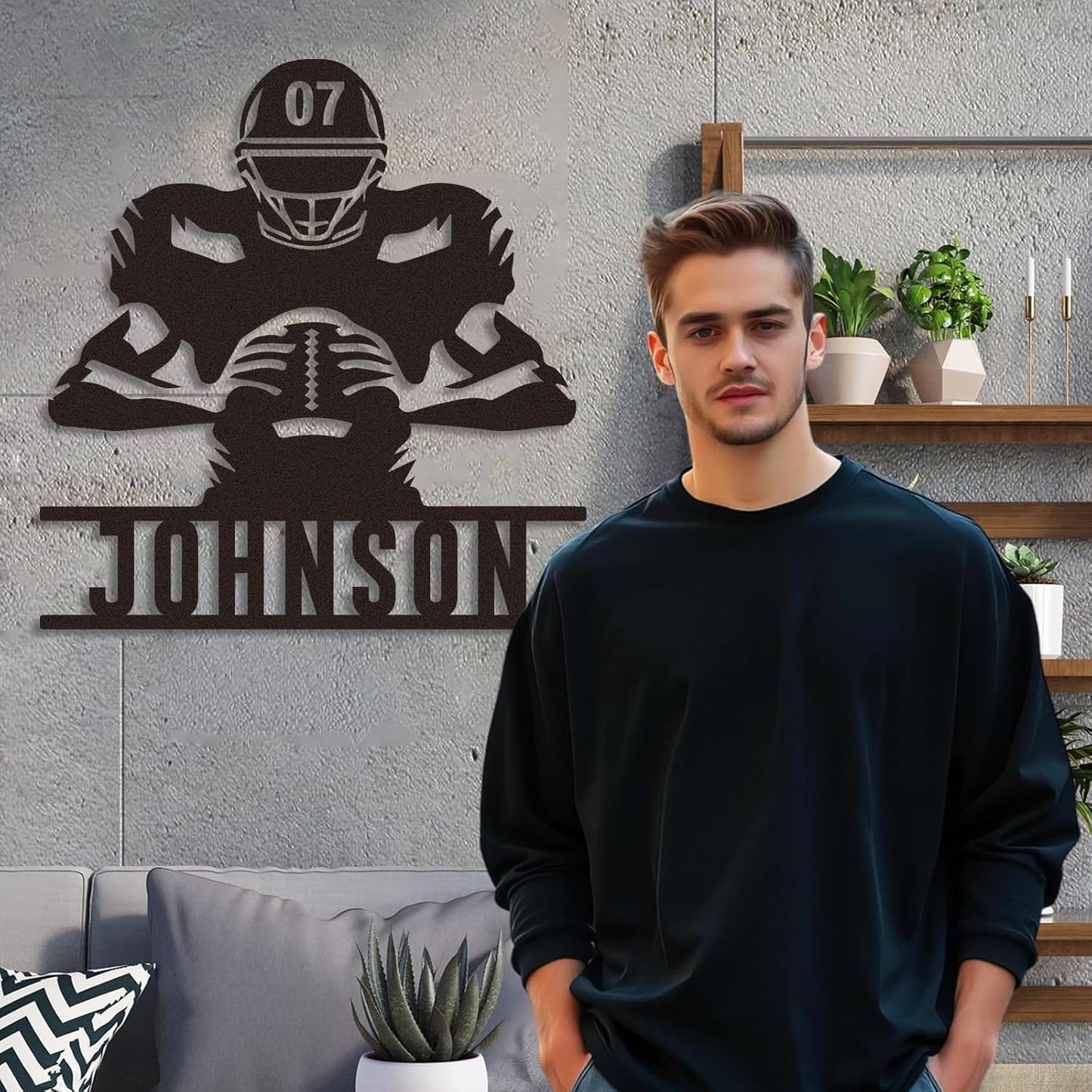 Custom Focused Football Player Metal Sign, Personalized Name & Number Wall Art for Boys Room or Athlete Gift