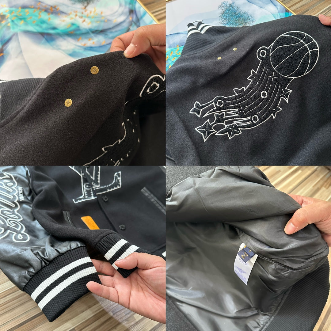 Embroidered leather sleeve baseball jacket XC0823102608