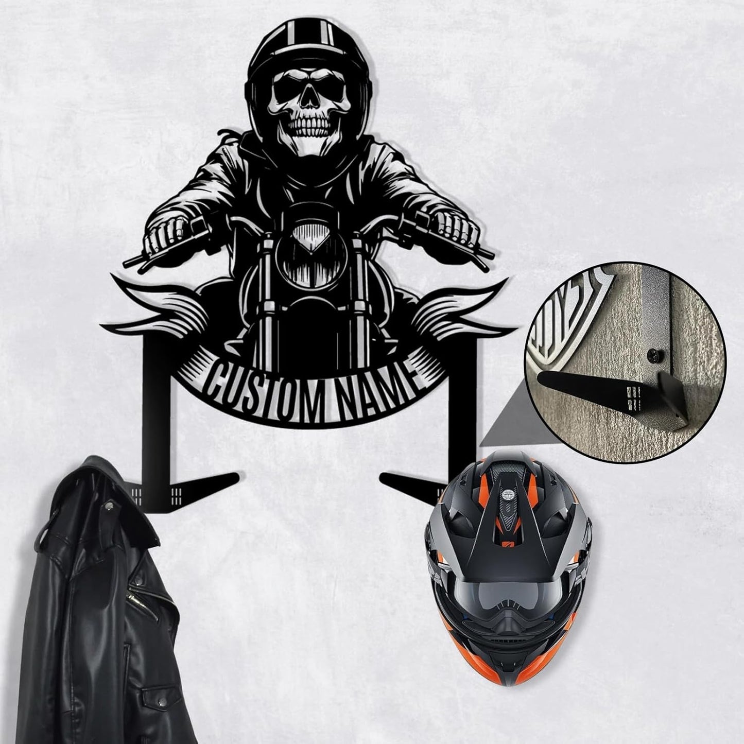 Vintage Iron Motorcycle Helmet Holder , Handmade Wall Hook with Personalized Name