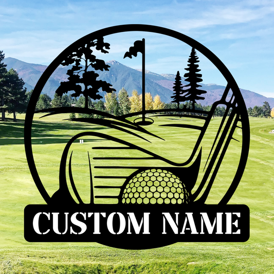 Personalized Golf Scene Metal Sign, Name Plate with Moving Ball Design for Garden or Fence Decor