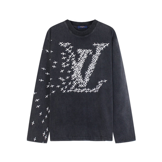 Small aircraft round neck heavy duty washed sweatshirt long sleeves XC0823092705