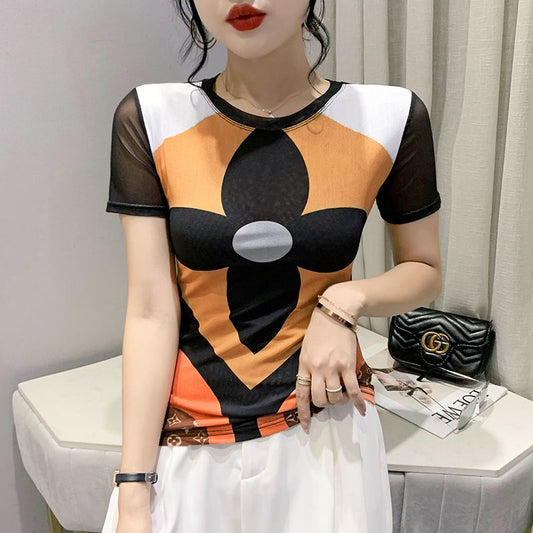 Fashion mesh printed T-shirt PD10062009