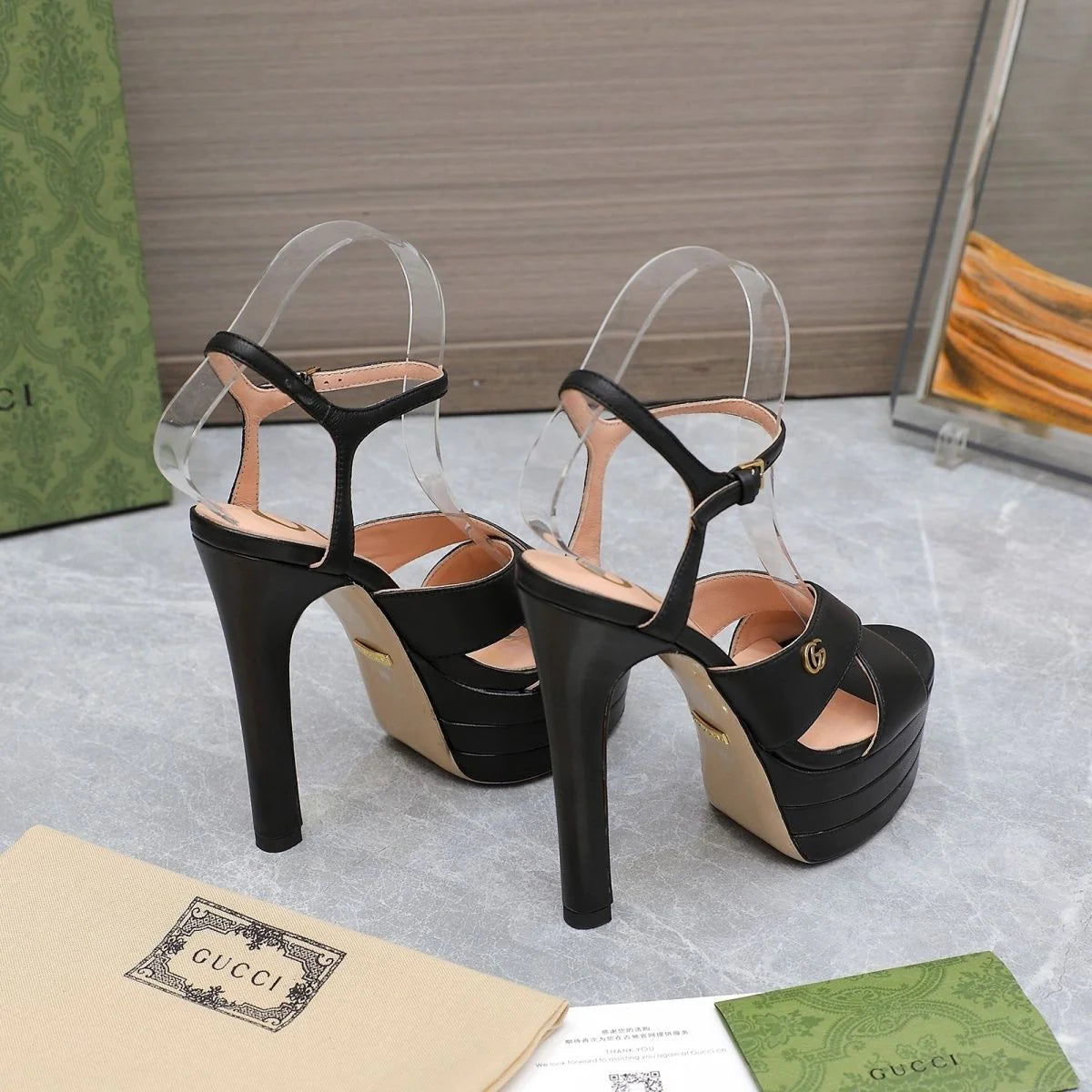 New Black Leather G Logo women's fashion high-heeled