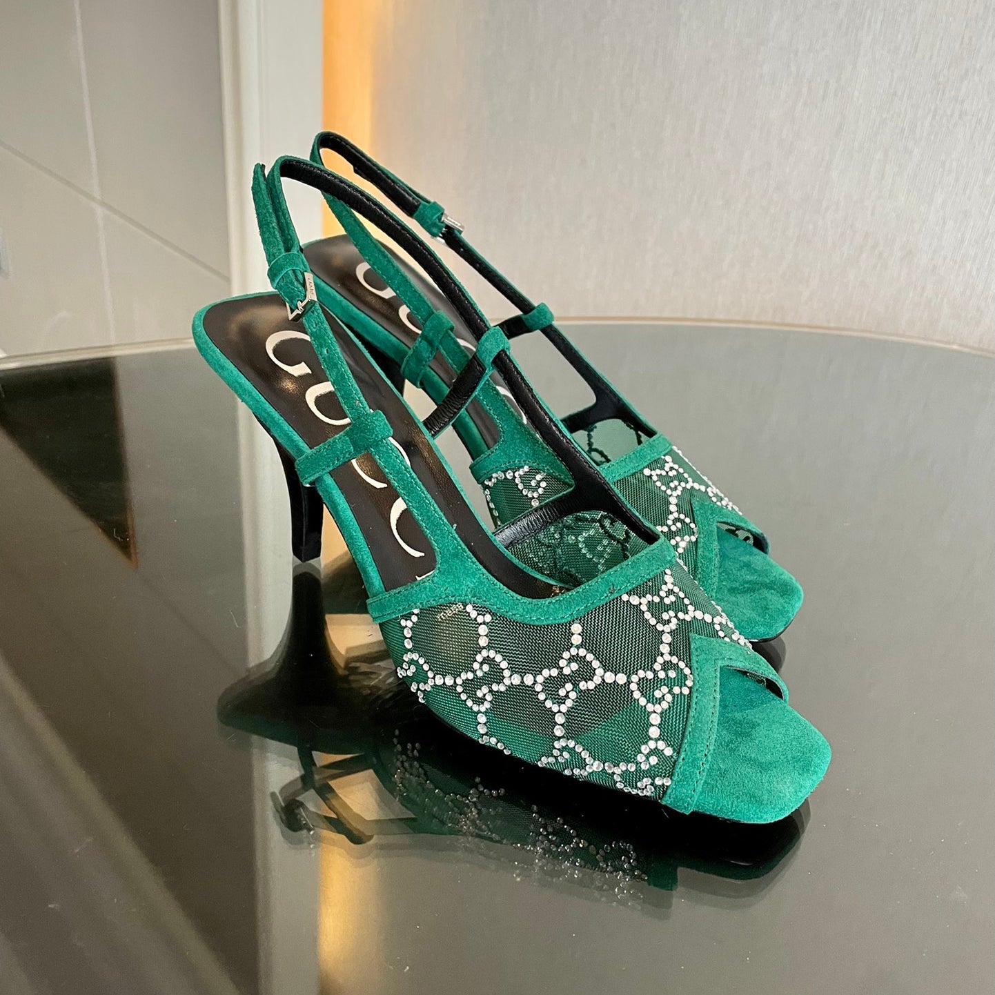 New G logo mesh rhinestone high-heeled sandals XC16060702