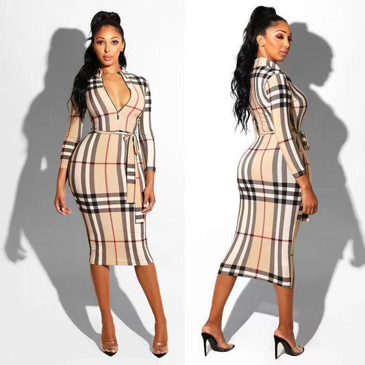 Printed Zipper Belt Sexy Dress 1024010908