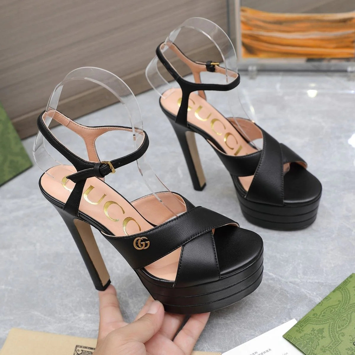 New Black Leather G Logo women's fashion high-heeled