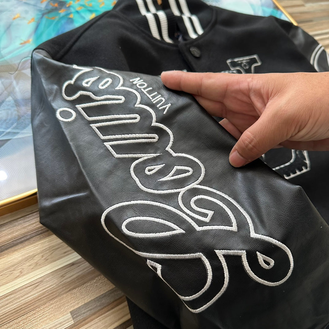 Embroidered leather sleeve baseball jacket XC0823102608