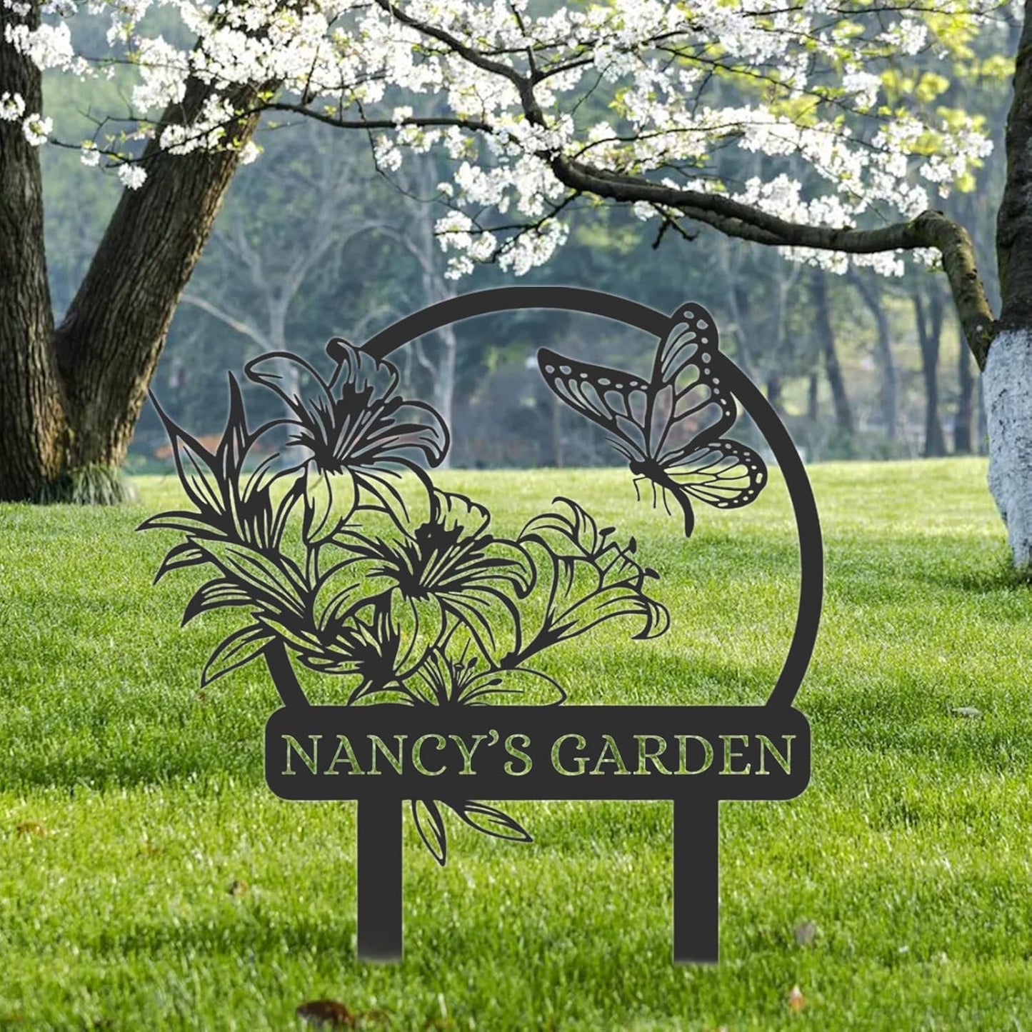 Custom Butterfly Garden Sign with Name, Personalized Metal Yard Stake for Outdoor Decor