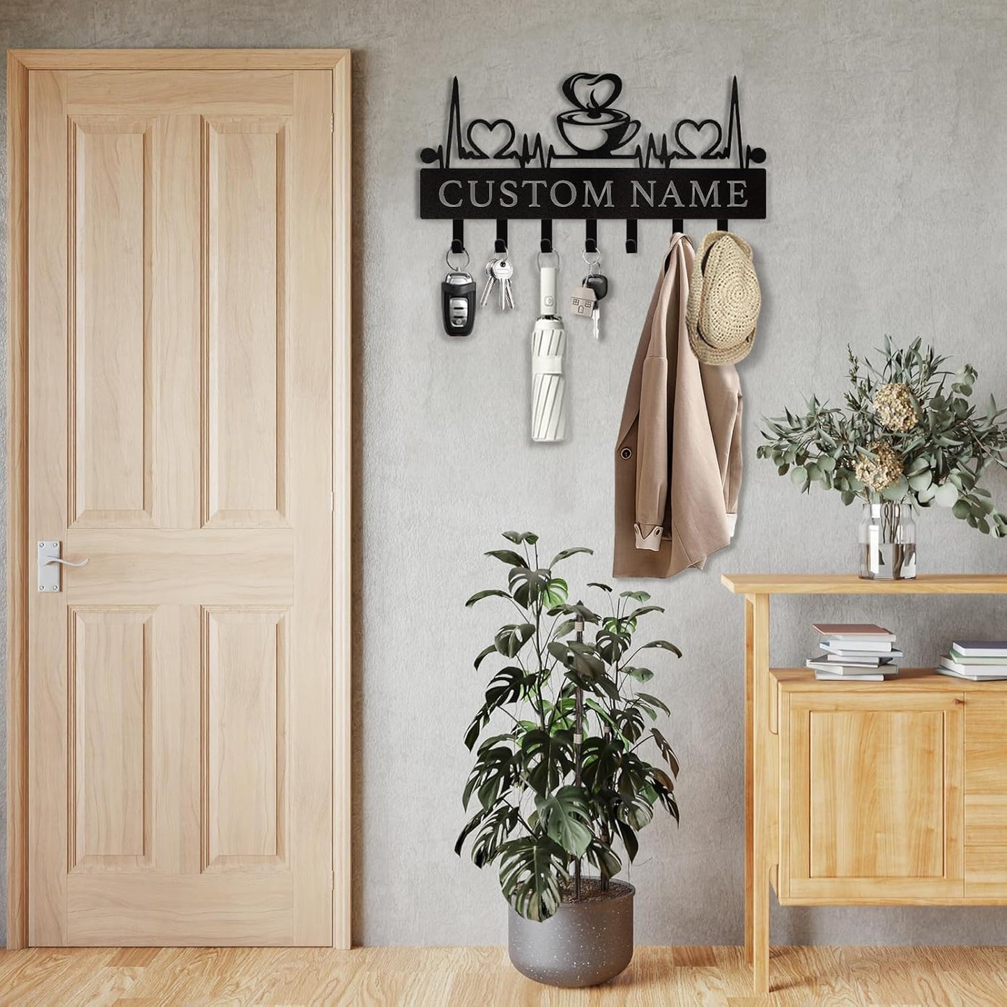 Coffee Lover Key Holder Metal Wall Organizer Custom Name Coffee Bar & Kitchen Decor