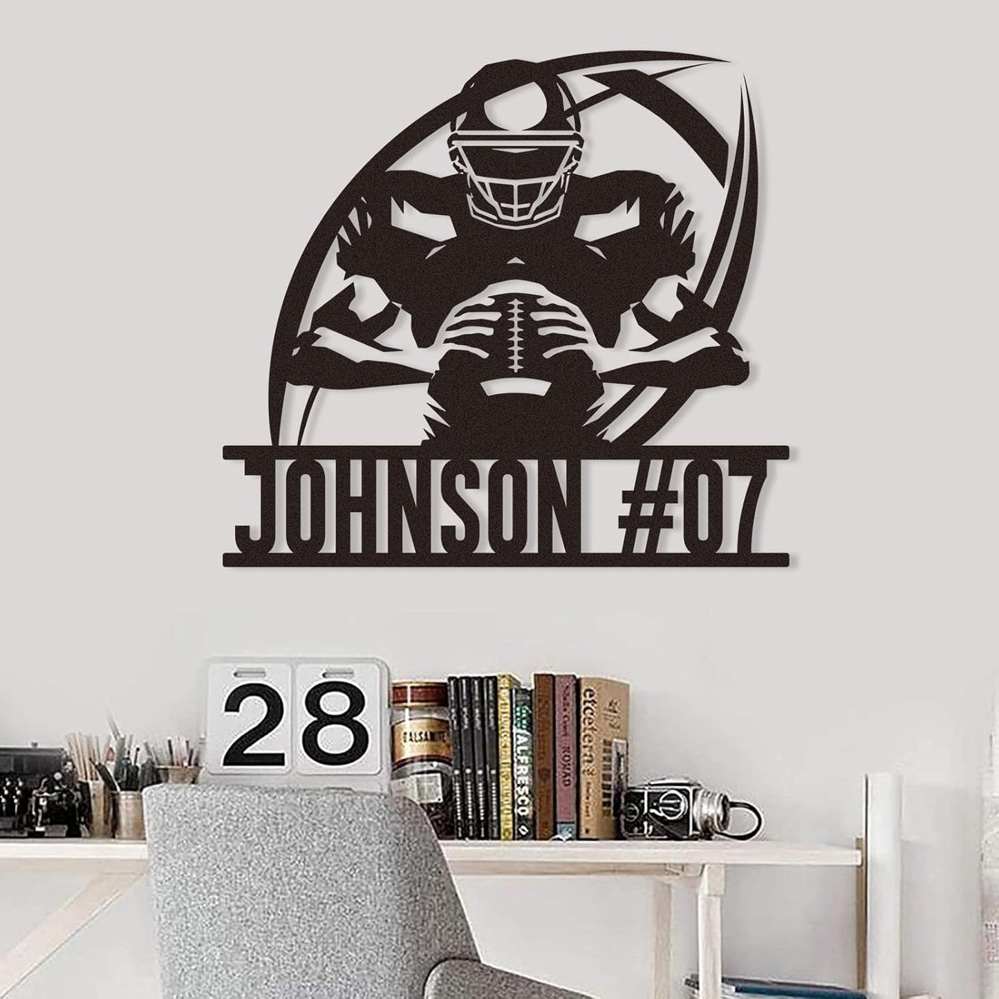 Custom Football Player Metal Sign with Name and Number, Personalized Sports Wall Art, Football Room Decor for Boys or Coach Gift