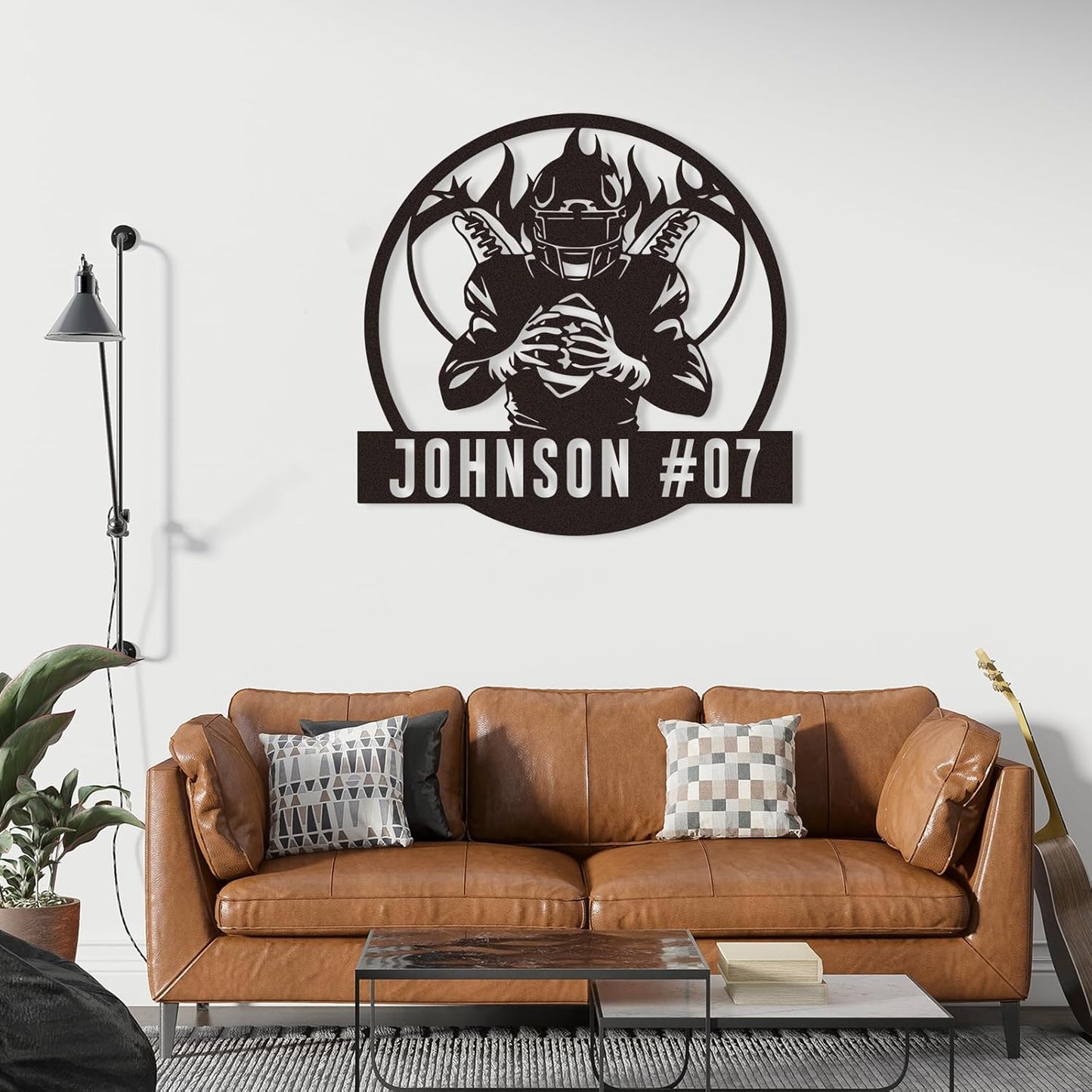 Personalized Football Wall Art with Name and Number, Custom Flaming Player Metal Sign, Sports Decor for Boys Room or Team Gift