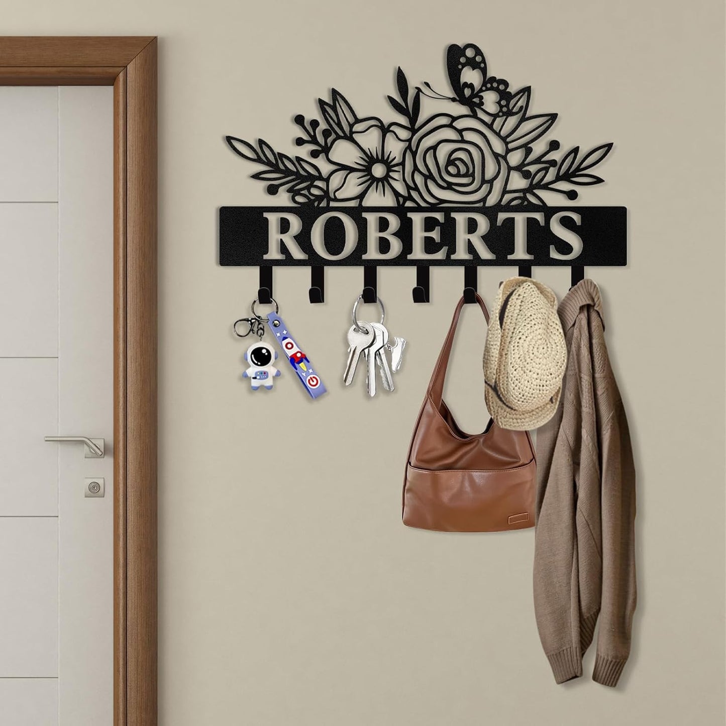 Floral Personalized Key Rack ,  Custom Metal Wall Hook for Living Room