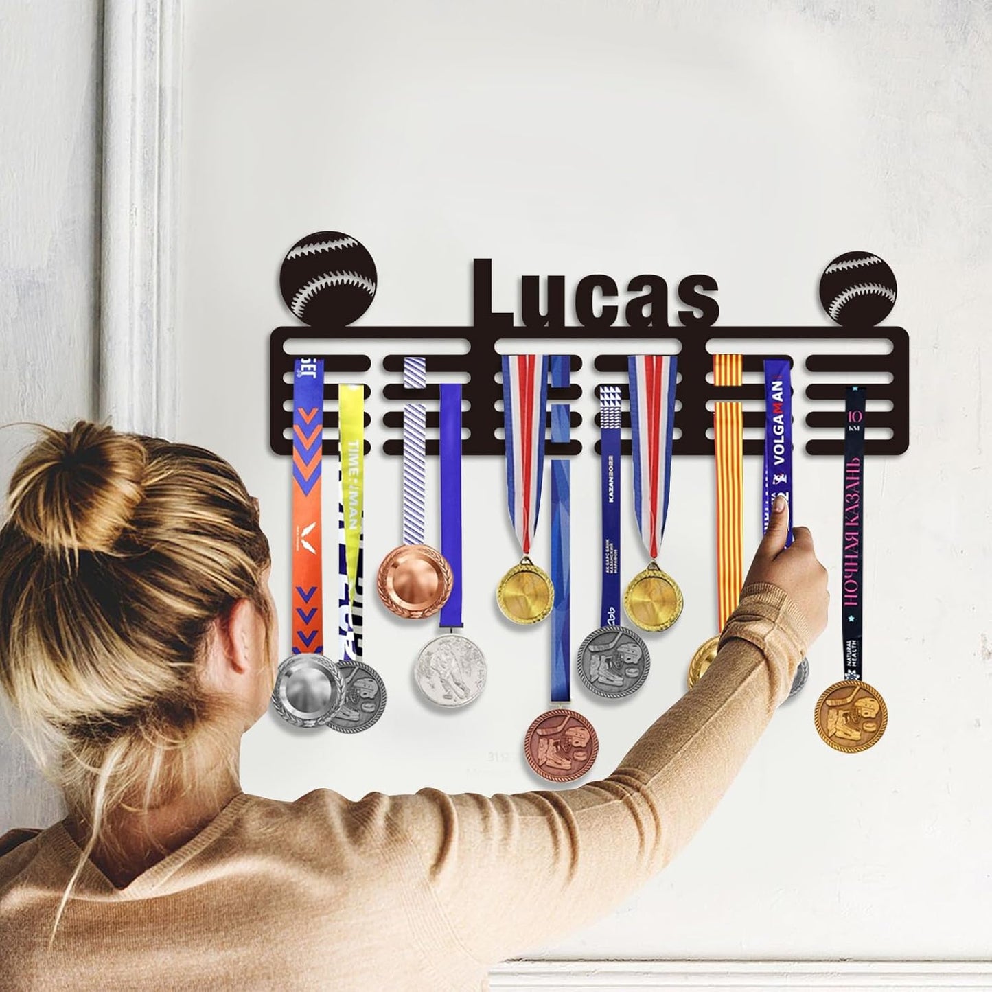 Personalized Sports Medal Display Rack Wall Mount Holds 60 Awards for Youth Gifts