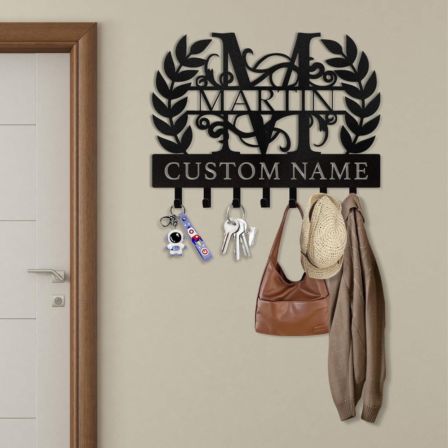 Personalized Monogram Key Hanger Custom Name Metal Wall Mount Entryway & Home Decor