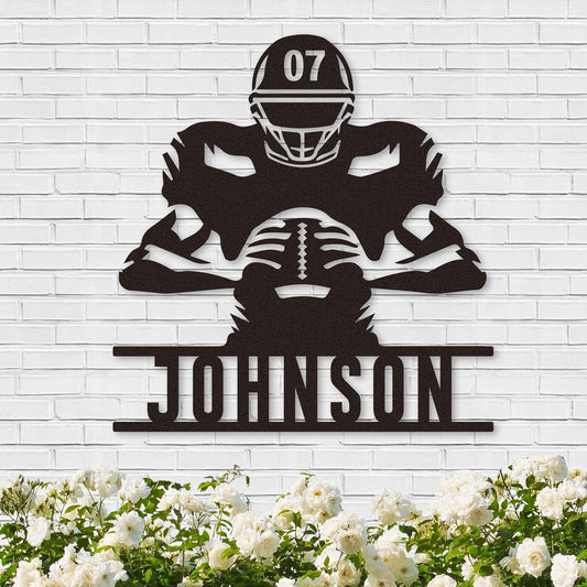 Custom Focused Football Player Metal Sign, Personalized Name & Number Wall Art for Boys Room or Athlete Gift