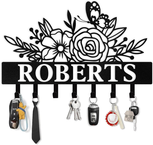 Floral Personalized Key Rack ,  Custom Metal Wall Hook for Living Room