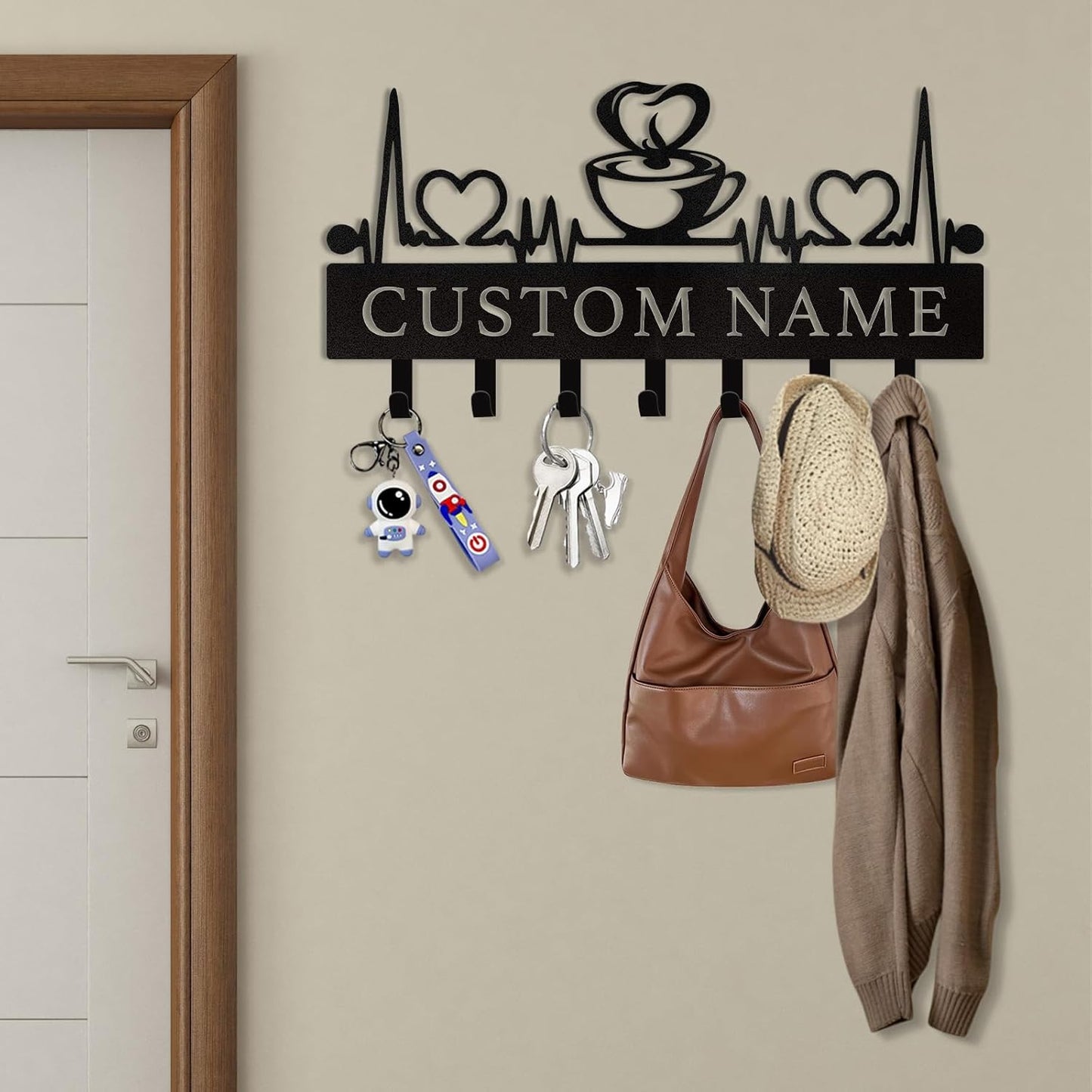 Coffee Lover Key Holder Metal Wall Organizer Custom Name Coffee Bar & Kitchen Decor