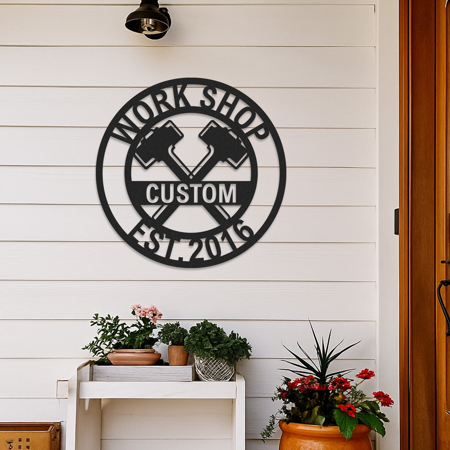 Custom Workshop Hammer Sign, Personalized Garage Wall Decor, Mancave Metal Art, Father's Day Gift for Dad or Grandpa