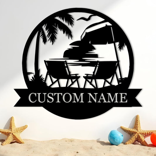 Personalized Metal Beach Signs, Backyard Oasis Sign, Porch Signs Outdoor, Coastal Beach Scene Custom Last Name Sign