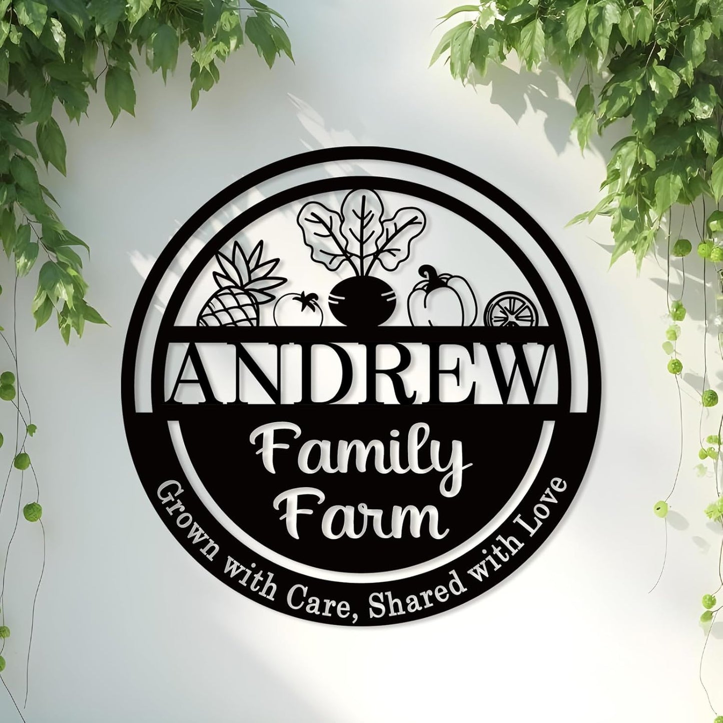Custom Family Farm Sign with Vegetables, Personalized Garden Metal Sign for Outdoor Decor, Pineapple, Tomato, Pepper & Carrot