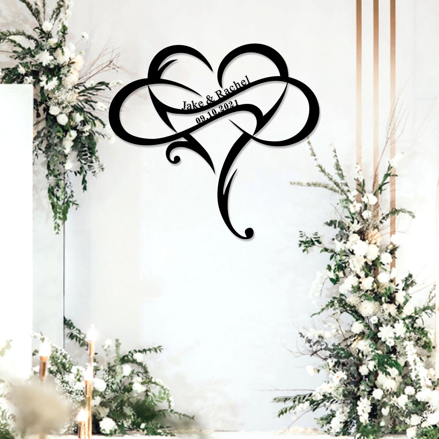 Custom Wedding Metal Sign of Name And Special Date with Heart Intertwined