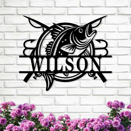 Personalized Bass & Hook Metal Sign, Handcrafted Fishing Wall Art for Anglers