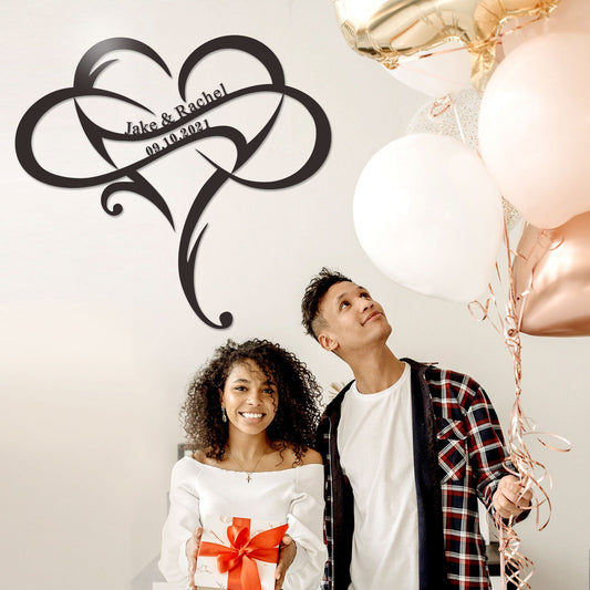 Custom Wedding Metal Sign of Name And Special Date with Heart Intertwined