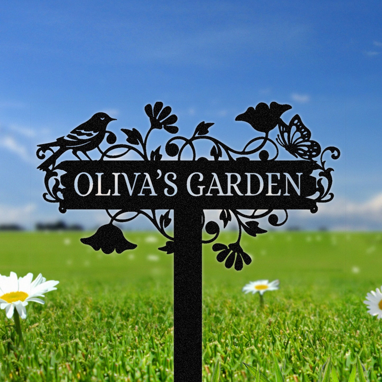 Custom Garden Stake Metal Sign, Personalized Floral Name Plaque with Birds and Butterflies, Outdoor Yard Decor for Gardeners