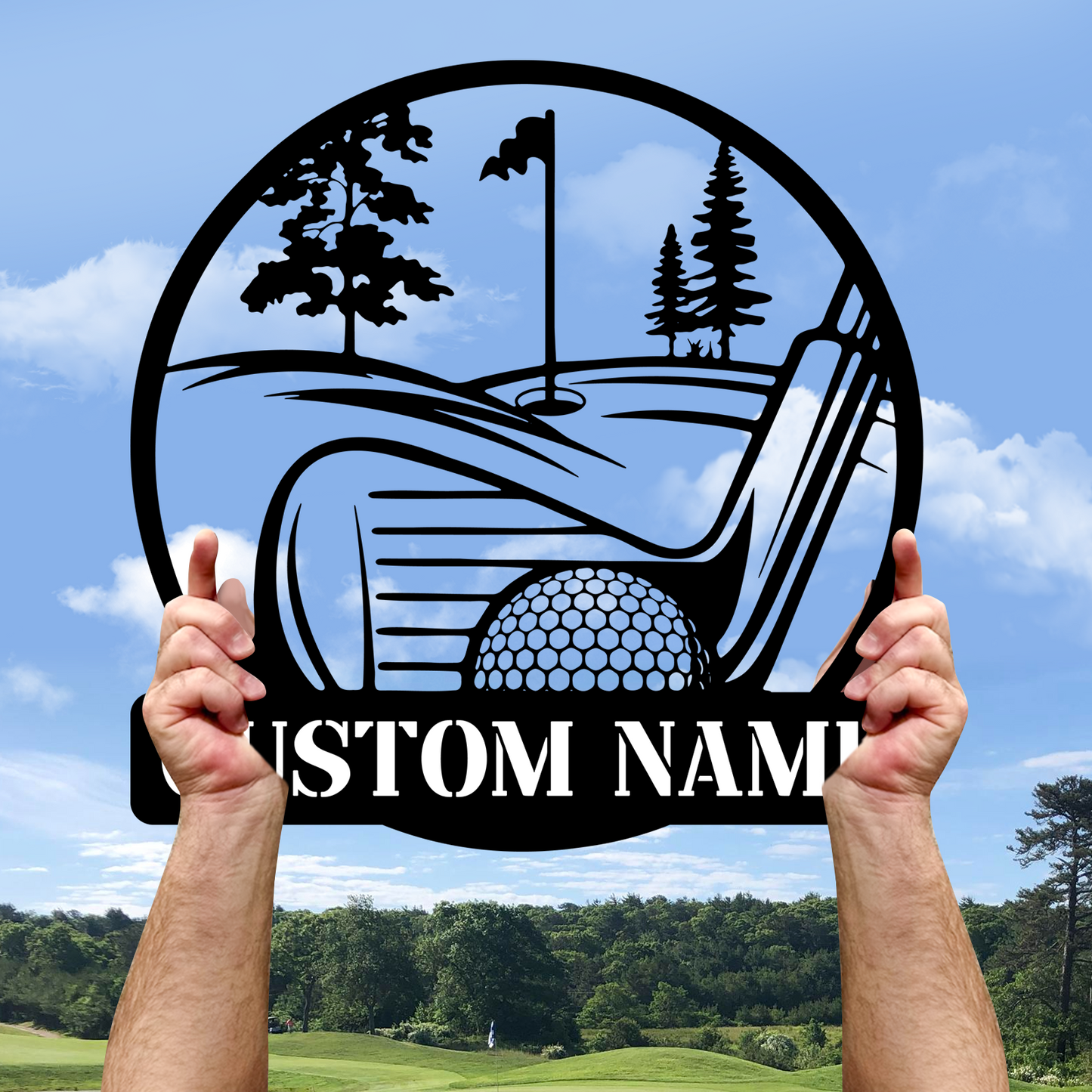 Personalized Golf Scene Metal Sign, Name Plate with Moving Ball Design for Garden or Fence Decor