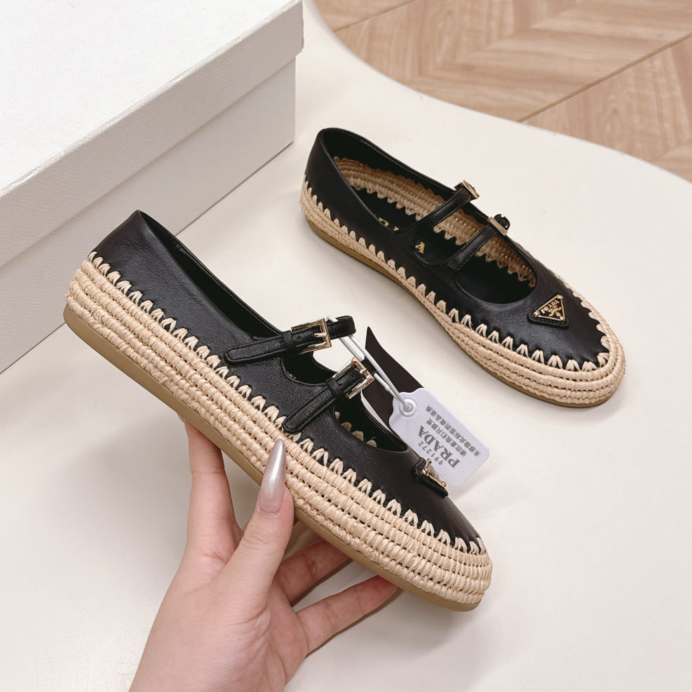 Raffia Straw Mary Jane Flat Single Shoes 1025051503