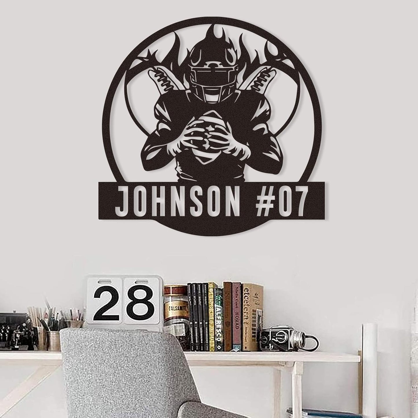 Personalized Football Wall Art with Name and Number, Custom Flaming Player Metal Sign, Sports Decor for Boys Room or Team Gift