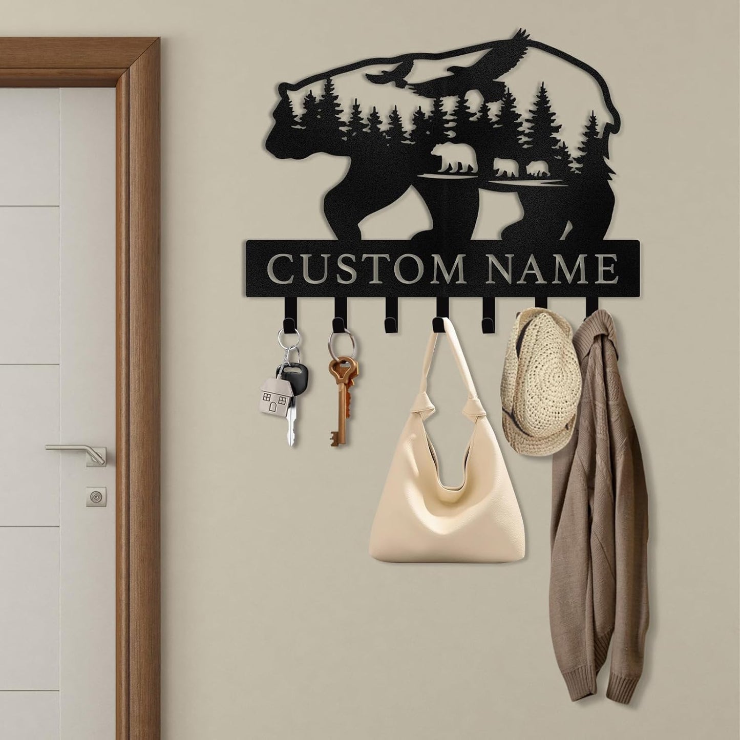 Personalized Polar Bear Key Holder on Wall, Custom Name Key Hanger