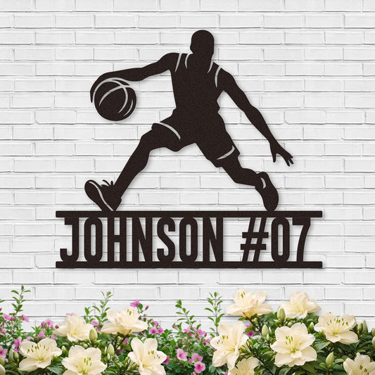 Custom Basketball Dribble Metal Sign, Personalized Name & Number Wall Art for Boys Room, Sports Fan Gift or Team Tribute
