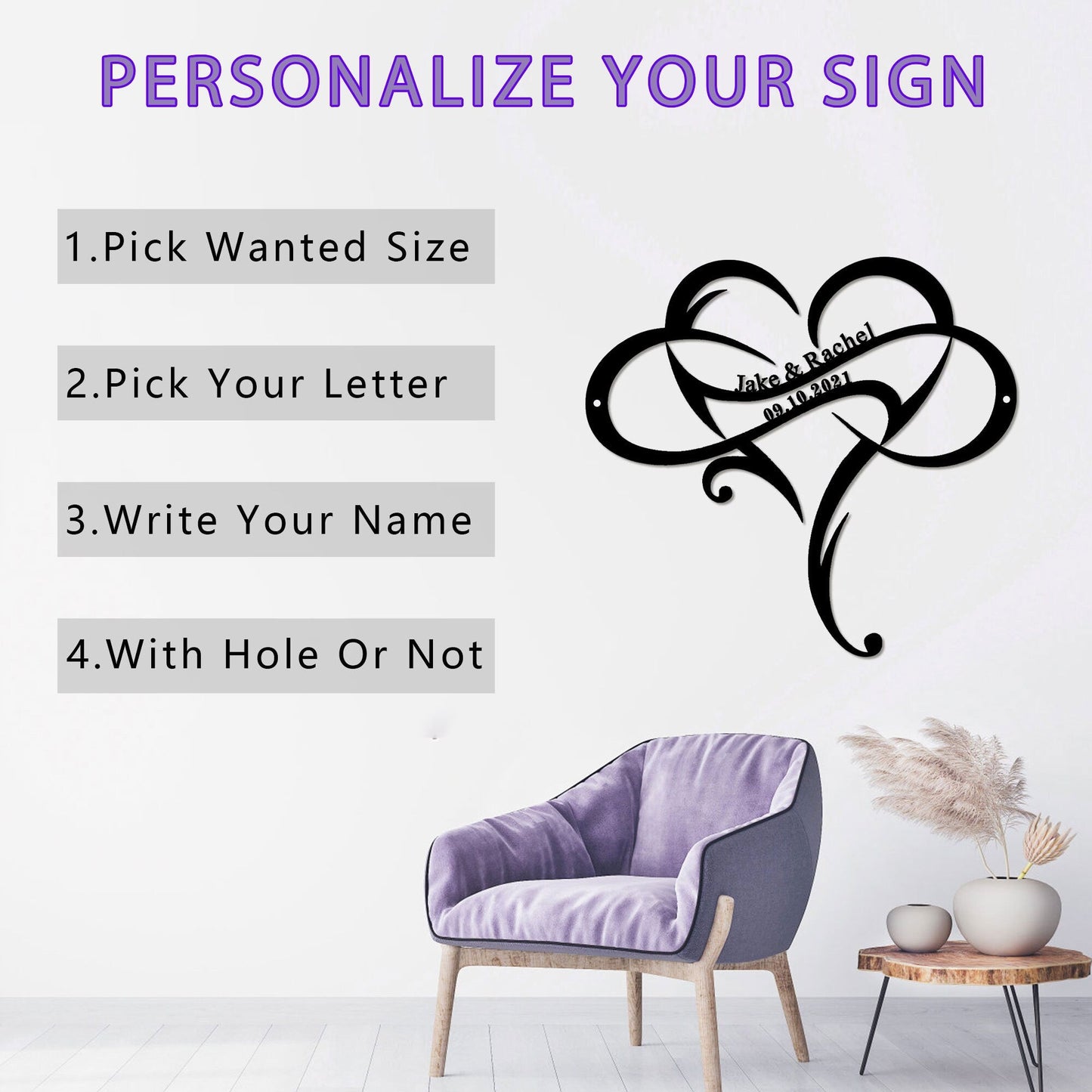 Custom Wedding Metal Sign of Name And Special Date with Heart Intertwined