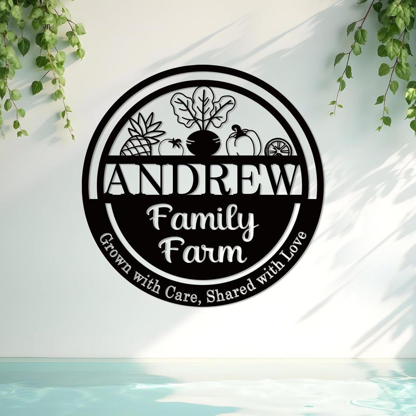 Custom Family Farm Sign with Vegetables, Personalized Garden Metal Sign for Outdoor Decor, Pineapple, Tomato, Pepper & Carrot