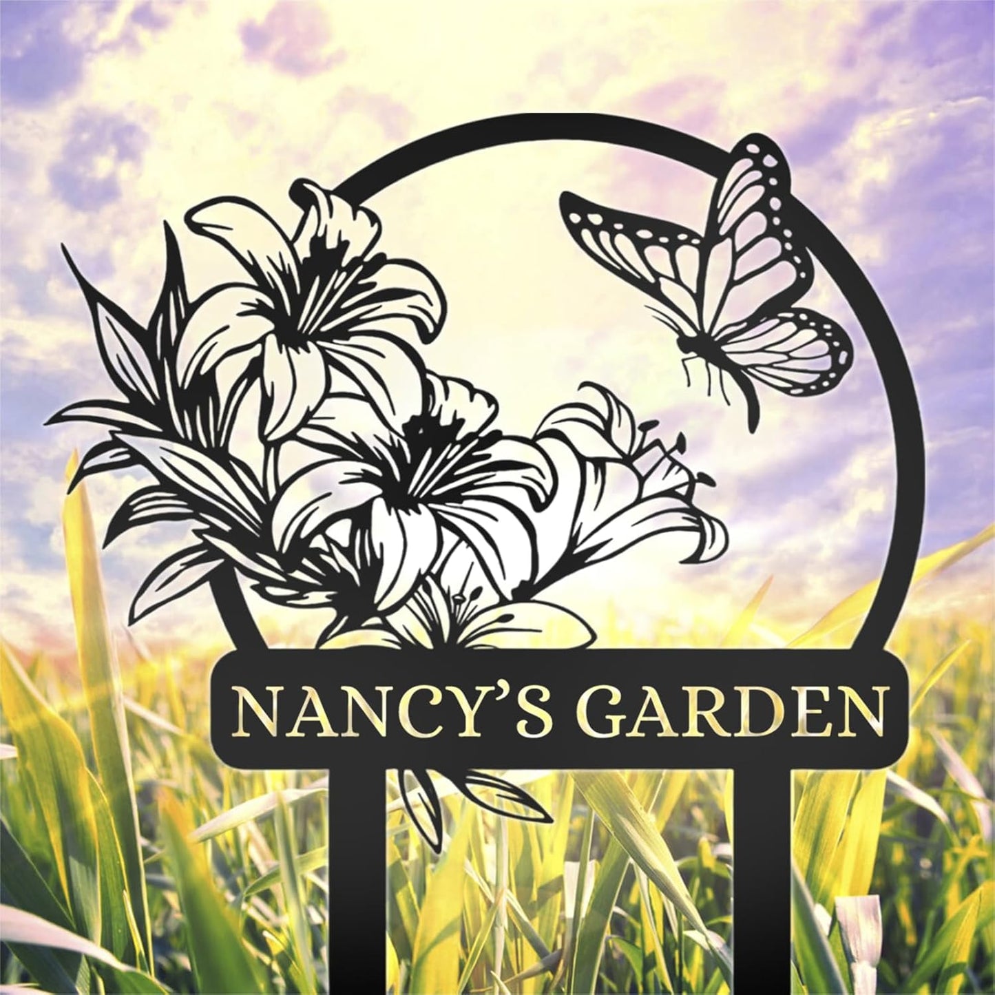 Custom Butterfly Garden Sign with Name, Personalized Metal Yard Stake for Outdoor Decor