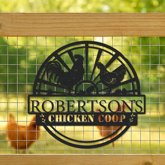 Custom Chicken Coop Sign with Sunrise Scene and Chicken Family, Personalized Farmhouse Metal Wall Art
