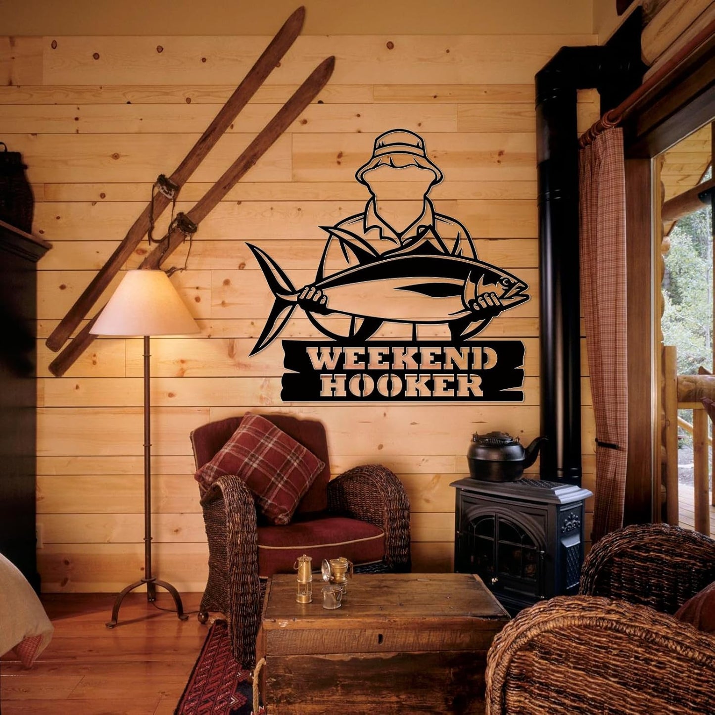 Angler & Bass Metal Sign, Personalized Fishing Wall Art for Rustic Home Decor