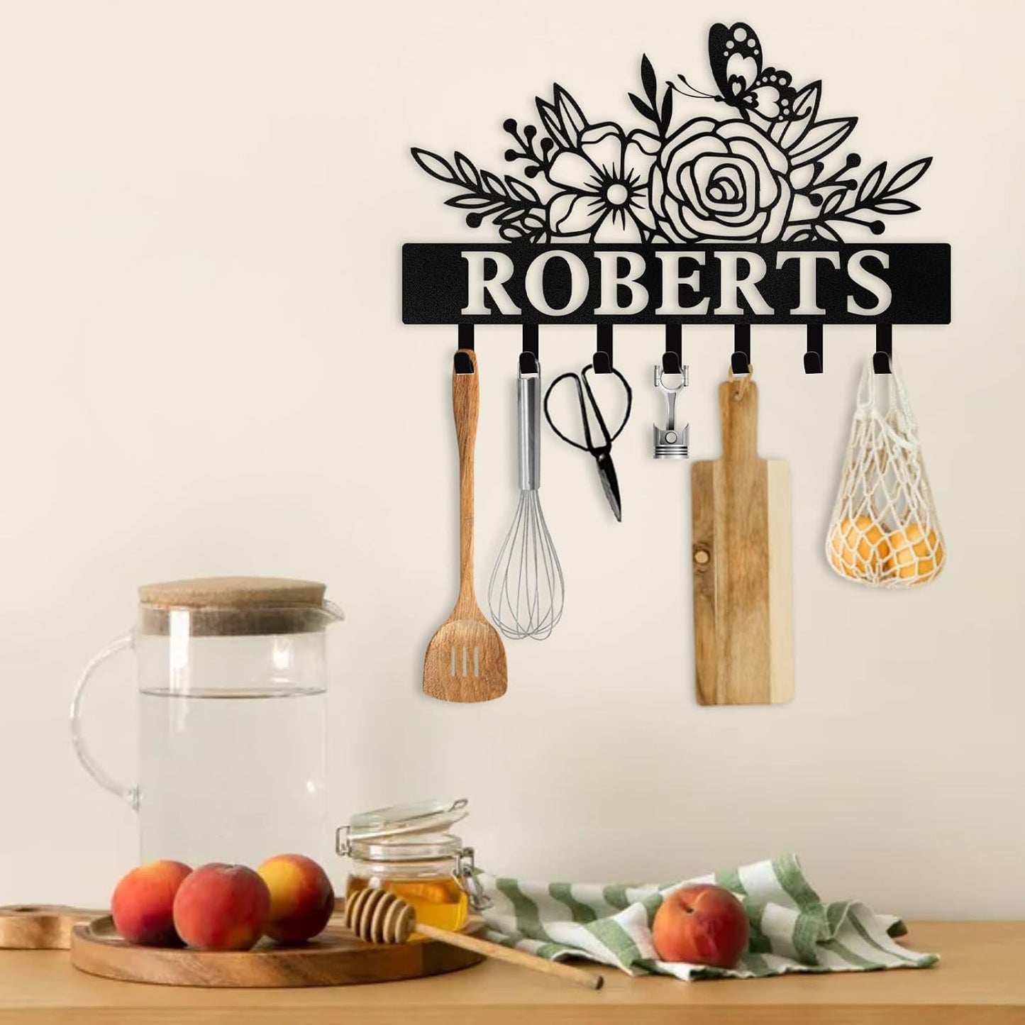 Floral Personalized Key Rack ,  Custom Metal Wall Hook for Living Room